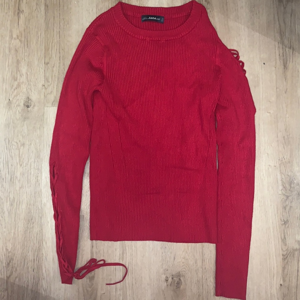 Zara knit:medium red sweater with sleeve cutout designs